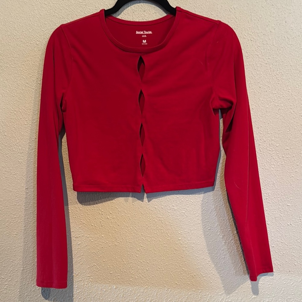 Red Long Sleeve Cut Out Crop Top
